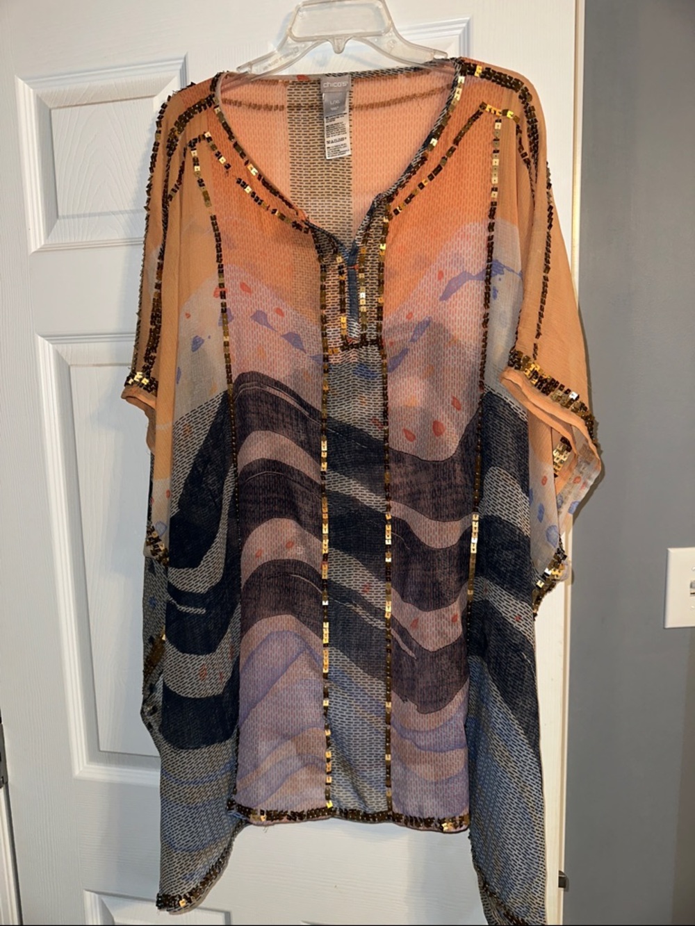 Chico’s Poncho Bold Colors Elegant Resortwear Beaded Metalic.  Oversized L/XL
